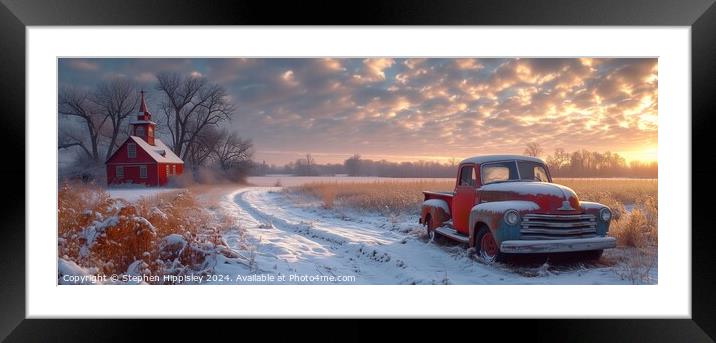 A weather worn American pick-up truck parked near an old church at sunset during winter. Framed Mounted Print by Stephen Hippisley