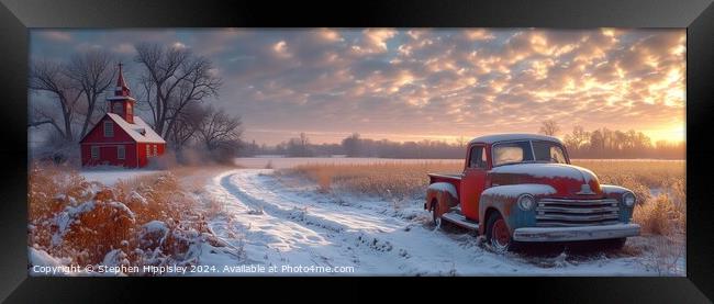 A weather worn American pick-up truck parked near an old church at sunset during winter. Framed Print by Stephen Hippisley