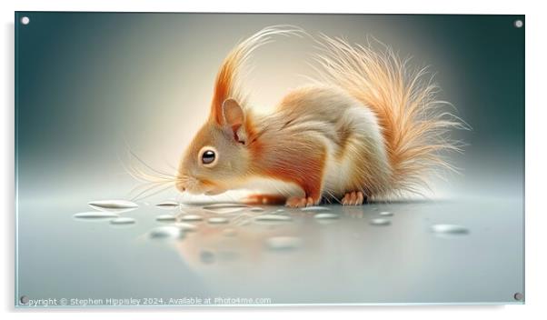 A thirsty baby Red Squirrel taking a sip. Acrylic by Stephen Hippisley