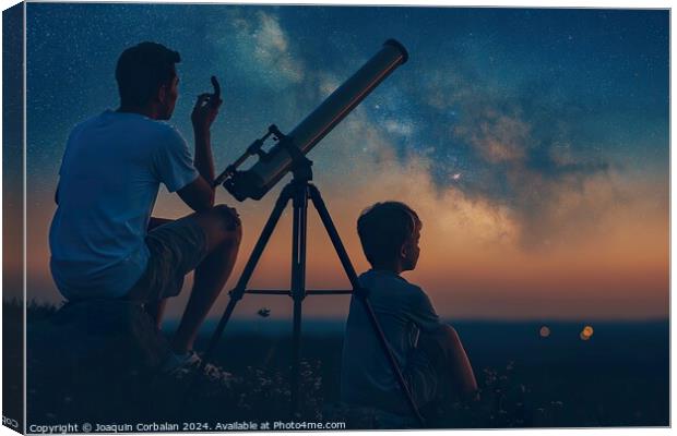 Boy and his father observe the night sky with a te Canvas Print by Joaquin Corbalan