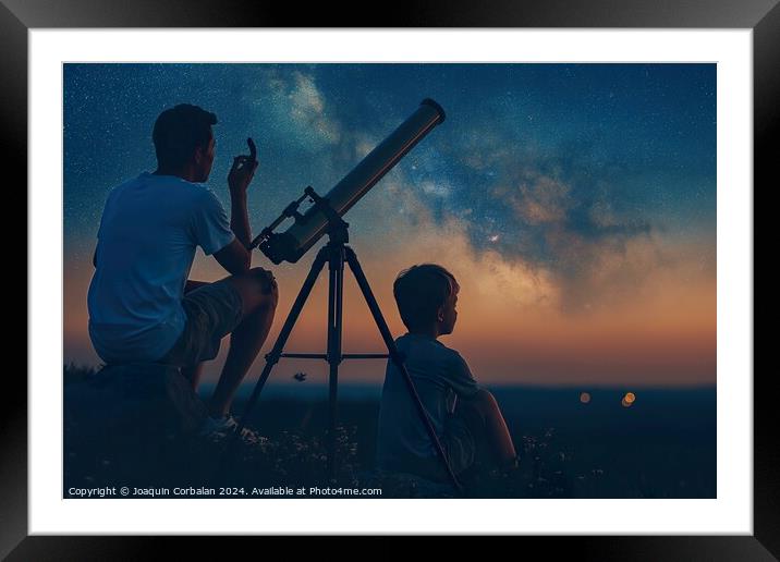 Boy and his father observe the night sky with a te Framed Mounted Print by Joaquin Corbalan