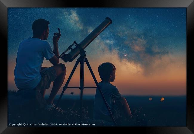 Boy and his father observe the night sky with a te Framed Print by Joaquin Corbalan