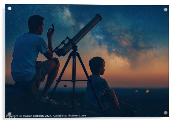 Boy and his father observe the night sky with a te Acrylic by Joaquin Corbalan