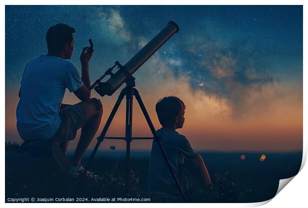Boy and his father observe the night sky with a te Print by Joaquin Corbalan