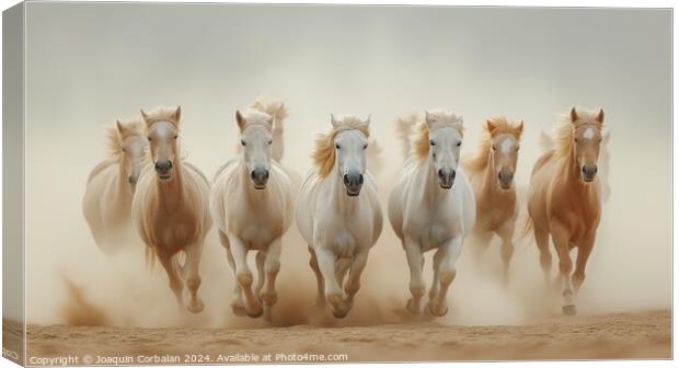 Several Arabian horses ride fast on the desert san Canvas Print by Joaquin Corbalan
