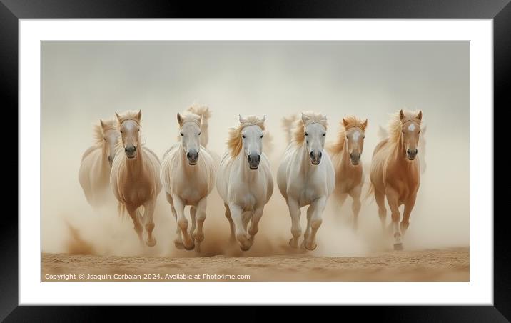 Several Arabian horses ride fast on the desert san Framed Mounted Print by Joaquin Corbalan