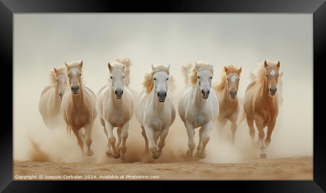 Several Arabian horses ride fast on the desert san Framed Print by Joaquin Corbalan