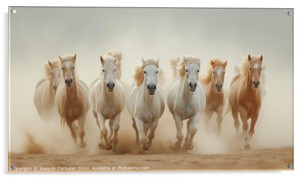 Several Arabian horses ride fast on the desert san Acrylic by Joaquin Corbalan