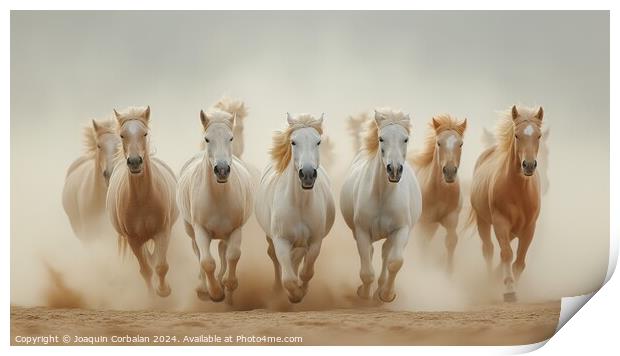 Several Arabian horses ride fast on the desert san Print by Joaquin Corbalan
