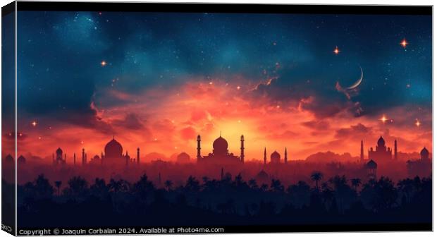 Drawing with the silhouette of an Arab city, at dusk, banner to celebrate Ramadan. Canvas Print by Joaquin Corbalan