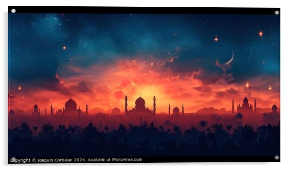 Drawing with the silhouette of an Arab city, at dusk, banner to celebrate Ramadan. Acrylic by Joaquin Corbalan