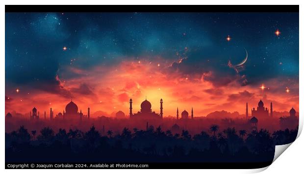 Drawing with the silhouette of an Arab city, at dusk, banner to celebrate Ramadan. Print by Joaquin Corbalan