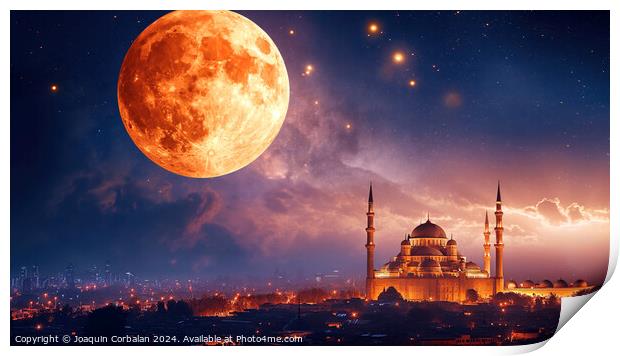 Arab cities and their mosques prepare for the Ramadan festival at sunset. Print by Joaquin Corbalan