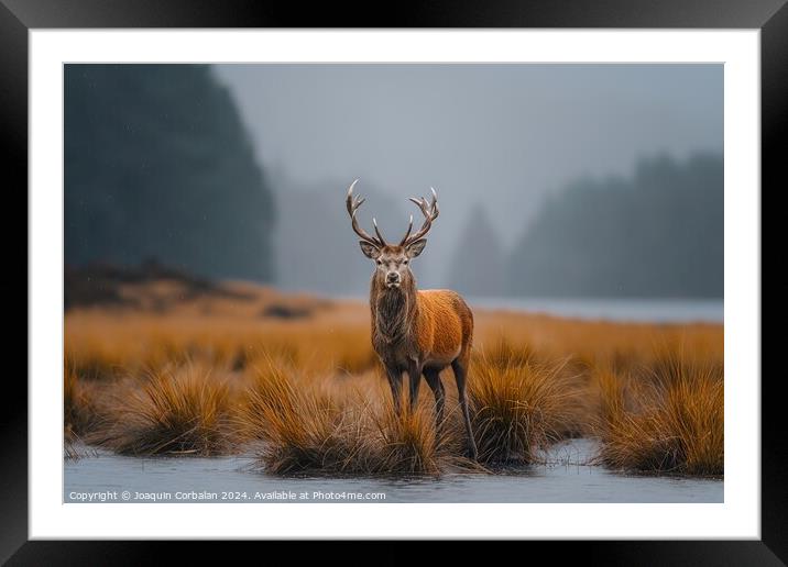 Red deer shows off its antlers on the Scottish moo Framed Mounted Print by Joaquin Corbalan