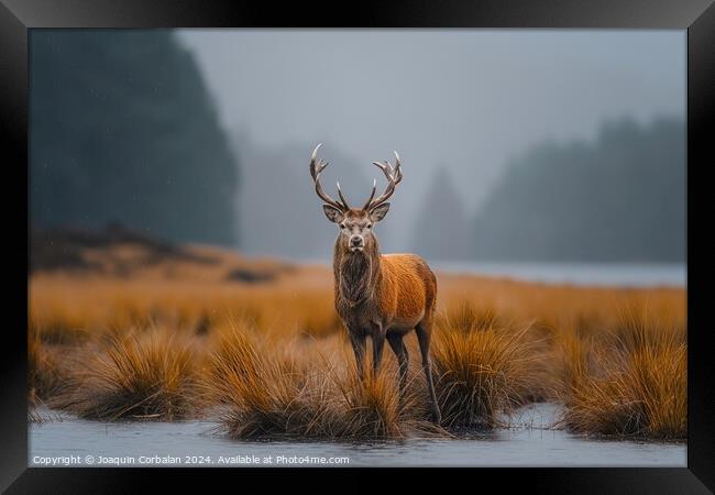 Red deer shows off its antlers on the Scottish moo Framed Print by Joaquin Corbalan