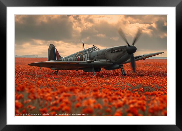 Classic spitfire aircraft, perched in a field of red poppies celebrating the Battle of Britain Memorial Framed Mounted Print by Joaquin Corbalan