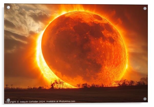 A spectacular lunar eclipse, the sun hides behind the giant moon. Acrylic by Joaquin Corbalan