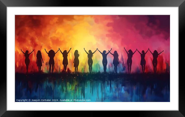 Watercolor, silhouette of several women proudly celebrating international women's day. Framed Mounted Print by Joaquin Corbalan