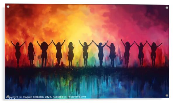 Watercolor, silhouette of several women proudly celebrating international women's day. Acrylic by Joaquin Corbalan