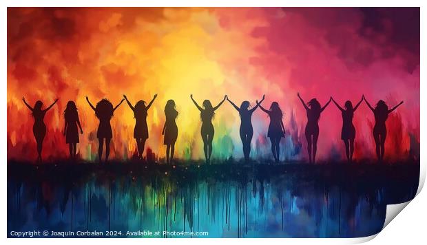 Watercolor, silhouette of several women proudly celebrating international women's day. Print by Joaquin Corbalan