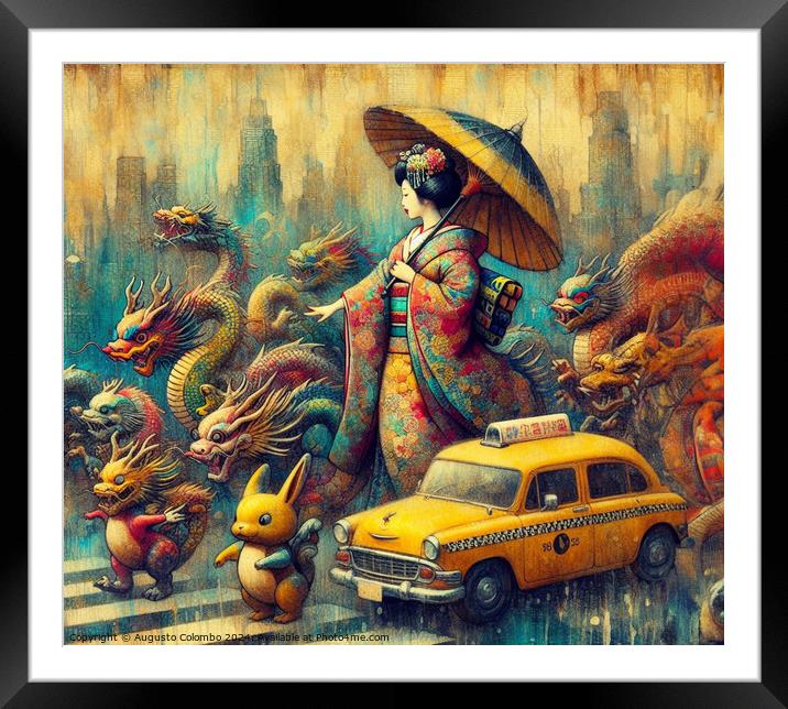 asian woman wear traditional dress walk rainy city skyline stop taxi cab year of the chinese dragon Framed Mounted Print by Augusto Colombo