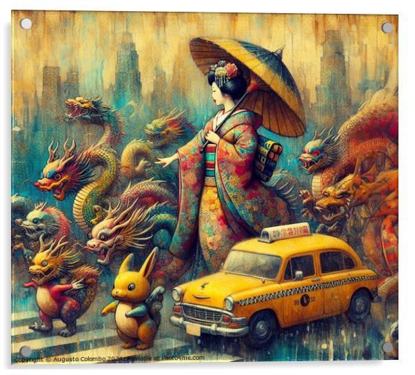 asian woman wear traditional dress walk rainy city skyline stop taxi cab year of the chinese dragon Acrylic by Augusto Colombo