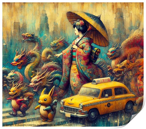 asian woman wear traditional dress walk rainy city skyline stop taxi cab year of the chinese dragon Print by Augusto Colombo
