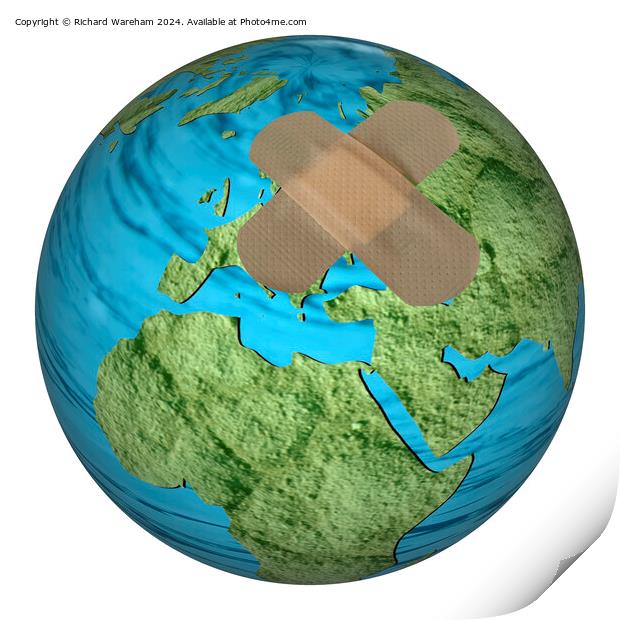 Planet earth with a medical plaster attached.  Print by Richard Wareham
