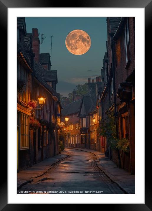 A stunning photo capturing the moment a full moon rises above a bustling city street in Shambles, York North. Framed Mounted Print by Joaquin Corbalan
