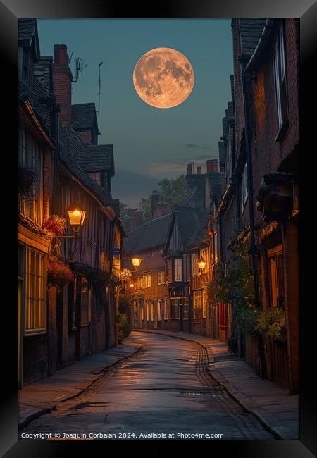 A stunning photo capturing the moment a full moon rises above a bustling city street in Shambles, York North. Framed Print by Joaquin Corbalan