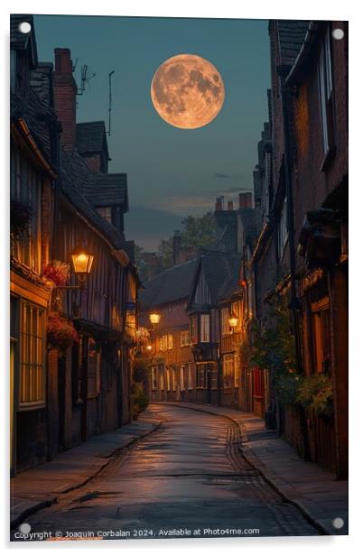 A stunning photo capturing the moment a full moon rises above a bustling city street in Shambles, York North. Acrylic by Joaquin Corbalan