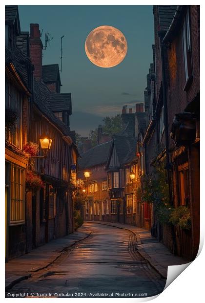 A stunning photo capturing the moment a full moon rises above a bustling city street in Shambles, York North. Print by Joaquin Corbalan