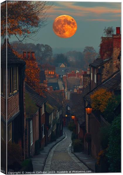 Full Moon Rises Over Street in Small Town Canvas Print by Joaquin Corbalan