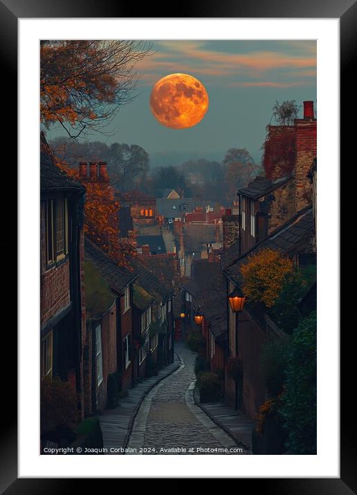 Full Moon Rises Over Street in Small Town Framed Mounted Print by Joaquin Corbalan