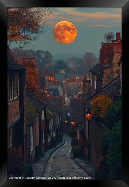 Full Moon Rises Over Street in Small Town Framed Print by Joaquin Corbalan