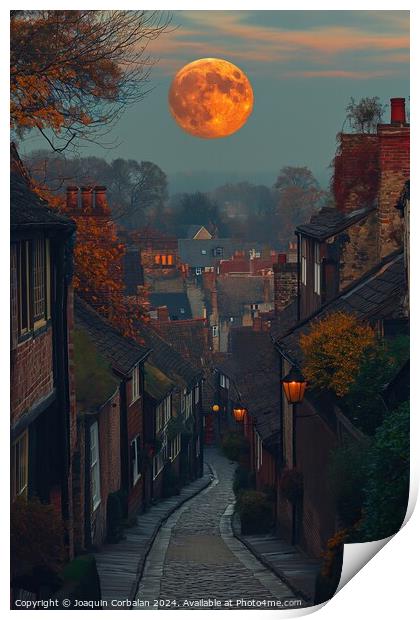 Full Moon Rises Over Street in Small Town Print by Joaquin Corbalan