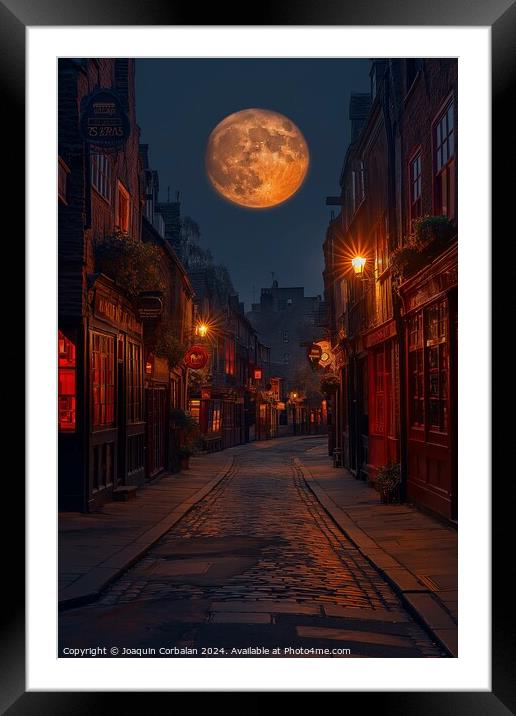 A full moon illuminates the streets of the historic Shambles in York North, casting a soft glow on the old buildings and cobblestone streets. Framed Mounted Print by Joaquin Corbalan