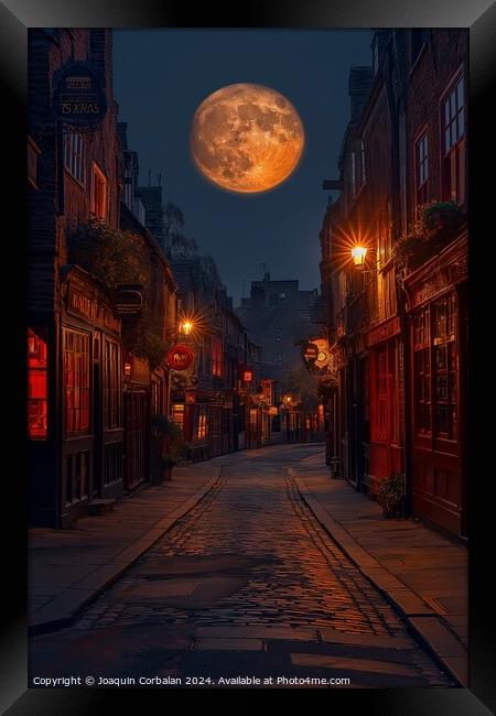 A full moon illuminates the streets of the historic Shambles in York North, casting a soft glow on the old buildings and cobblestone streets. Framed Print by Joaquin Corbalan