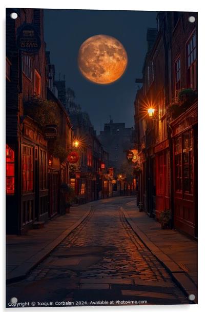 A full moon illuminates the streets of the historic Shambles in York North, casting a soft glow on the old buildings and cobblestone streets. Acrylic by Joaquin Corbalan