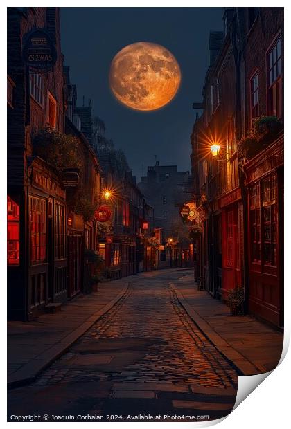A full moon illuminates the streets of the historic Shambles in York North, casting a soft glow on the old buildings and cobblestone streets. Print by Joaquin Corbalan