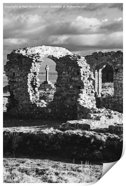 St Dwynwens Llanddwyn Island Anglesey black white Print by Pearl Bucknall