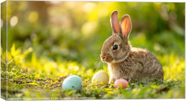 A furry rabbit watches over the Easter eggs on the Canvas Print by Joaquin Corbalan