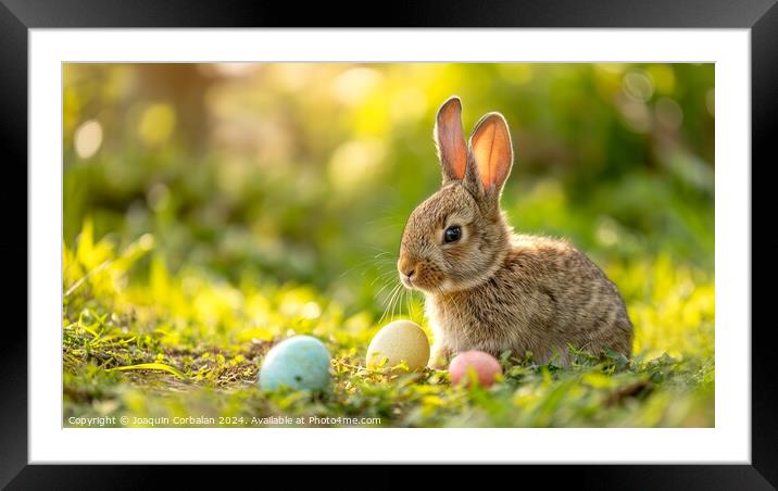 A furry rabbit watches over the Easter eggs on the Framed Mounted Print by Joaquin Corbalan