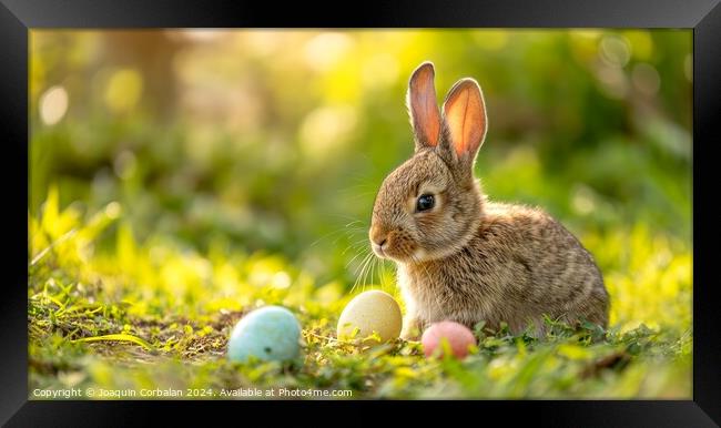 A furry rabbit watches over the Easter eggs on the Framed Print by Joaquin Corbalan