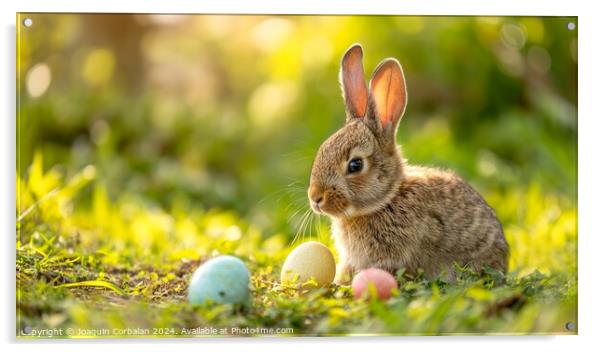 A furry rabbit watches over the Easter eggs on the Acrylic by Joaquin Corbalan