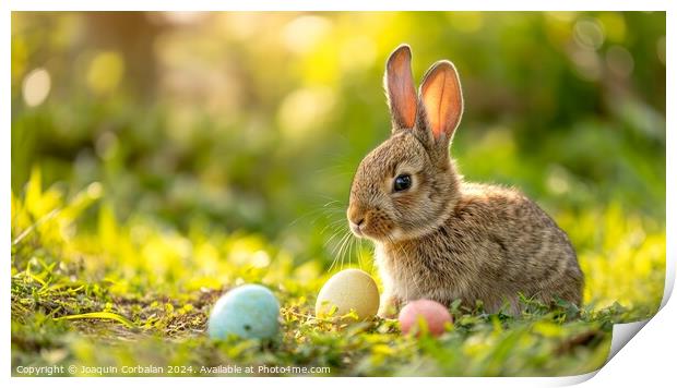 A furry rabbit watches over the Easter eggs on the Print by Joaquin Corbalan