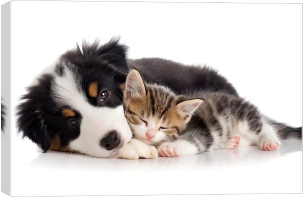 A puppy and a kitten take a nap cuddling, adorable Canvas Print by Joaquin Corbalan