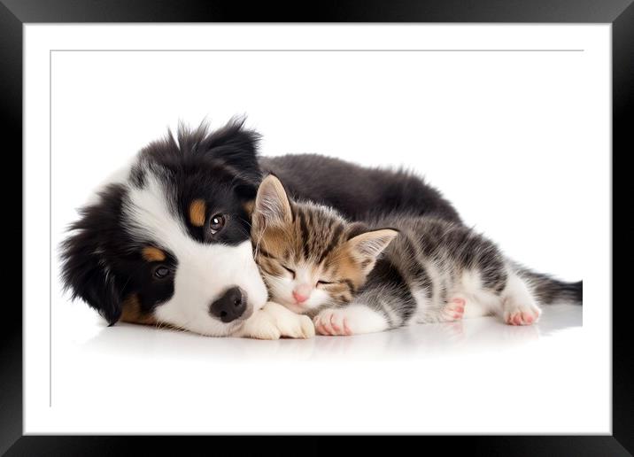 A puppy and a kitten take a nap cuddling, adorable Framed Mounted Print by Joaquin Corbalan
