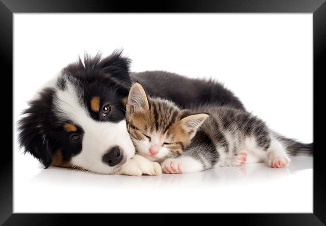 A puppy and a kitten take a nap cuddling, adorable Framed Print by Joaquin Corbalan