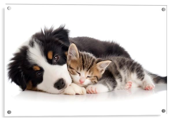 A puppy and a kitten take a nap cuddling, adorable Acrylic by Joaquin Corbalan